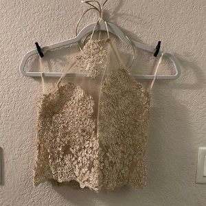 BNWT obsessed with this sheer, lace halter. Tan & gold tones